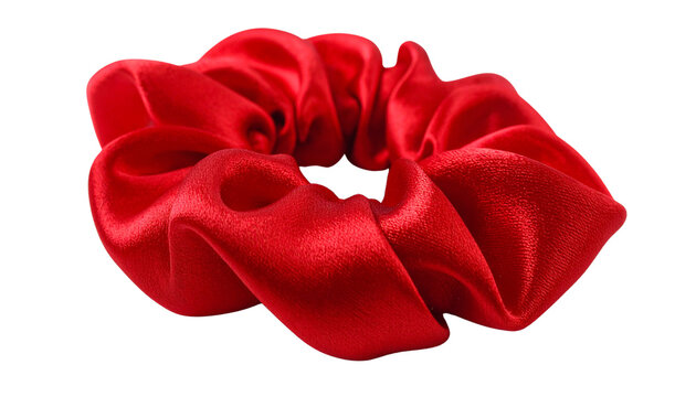 Red silk hair scrunchie for ponytail styling isolated on solid white Background1
