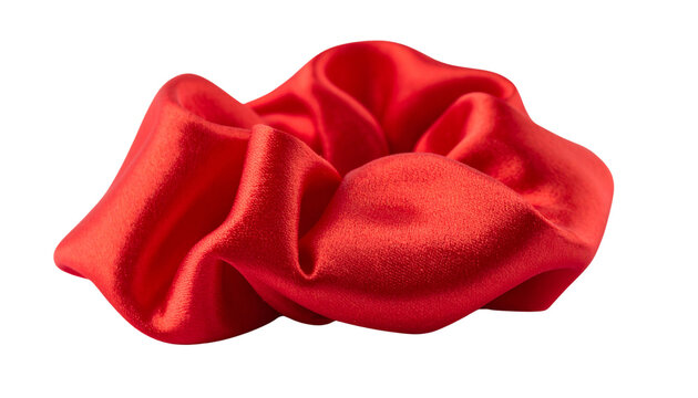 Red silk hair scrunchie for ponytail styling isolated on solid white Background4
