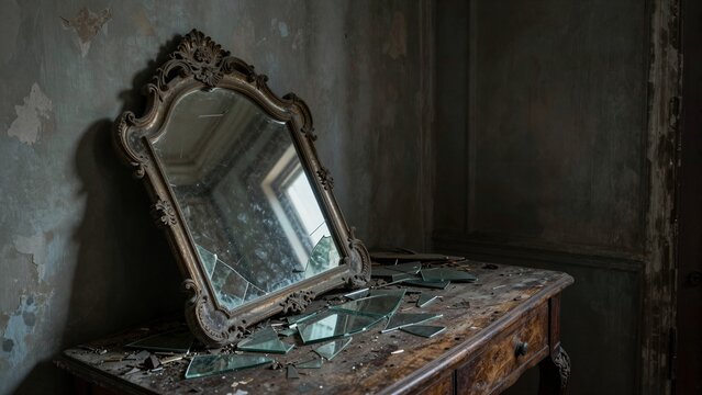 An ornate broken mirror lies shattered on a dusty wooden table in an abandoned room with peeling walls.