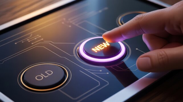 Hand pressing a glowing NEW button on a digital touch screen interface for technology upgrade concept