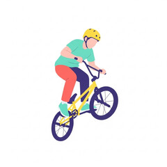 Fototapeta premium Boy performing BMX stunt in colorful outfit and yellow helmet 