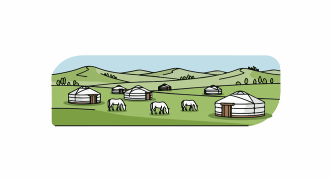 A traditional settlement with circular dwellings and grazing horses