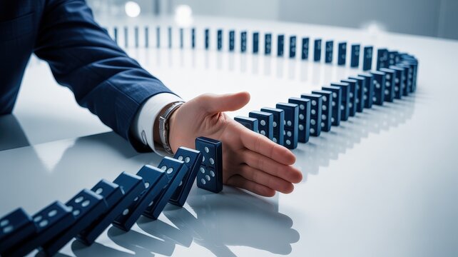 Businessman hand stopping falling dominoes to prevent crisis and chain reaction
