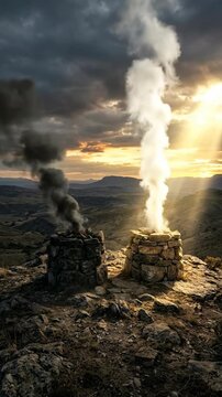 Ancient covenant worship: Cain offering, Abel devotion, divine judgment, sacred religion, Bible narrative, human consequence, brother conflict, spiritual sacrifice, sacred fire, accept reject.