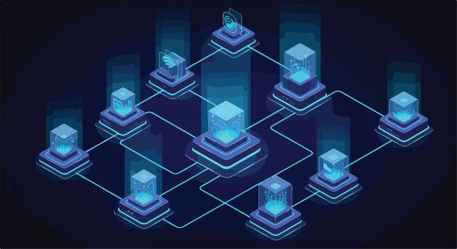 Blockchain technology isometric vector, decentralized data network with glowing blue cubes, digital infrastructure and cloud computing concept