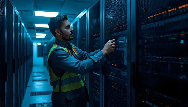 IT technician working in a secure server room, checking network hardware and data infrastructure in a modern high-tech data center, professional maintenance and system administration concept.
