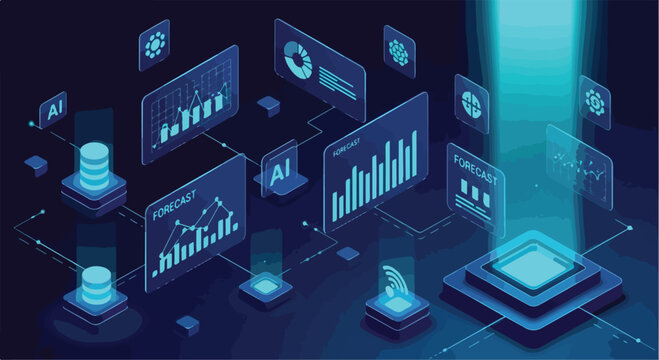Isometric AI data analytics dashboard with glowing blue charts. Artificial intelligence forecast interface. Big data processing and cloud computing vector.