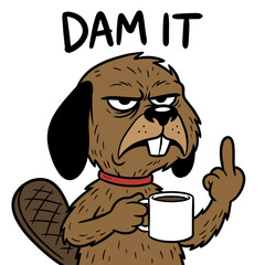 Cartoon beaver with coffee cup gesture. © semurraja