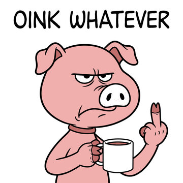 Angry Pig Holding Coffee Mug.