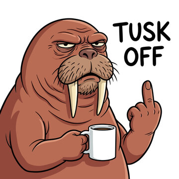Cartoon walrus with tusk and coffee.