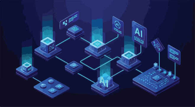 Artificial intelligence network isometric vector, futuristic AI data processing system, machine learning technology infrastructure in blue
