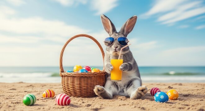Summer vacation with a bunny easter eggs beach and orange juice relaxation