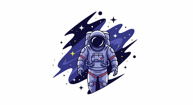 Stylized illustration of an astronaut floating in space amidst colorful cosmic clouds and stars