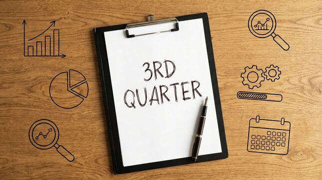 Words &ldquo;3RD QUARTER&rdquo; written on white paper on wooden table, representing business performance, planning and quarterly review concept