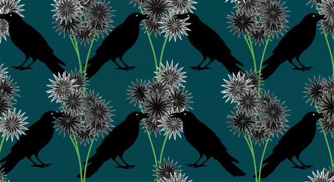 Seamless vector graphic pattern featuring black crows and spiky flowers