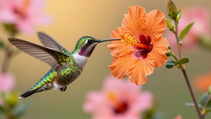 Obraz premium A vibrant Ruby-throated Hummingbird hovers mid-air, its beak poised at a bright orange hibiscus flower. The soft-focus background features blurred pink and yellow blooms in warm sunlight.
