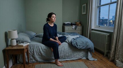 Fototapeta premium Small Bedroom At Dusk With Seated Resident And Quiet Empty Space