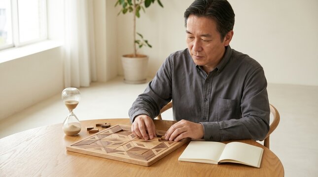 Adult Brain Training With Wooden Puzzle In Calm Studio Setting