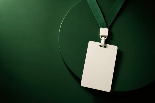Quiet green workspace with blank ID badge and lanyard