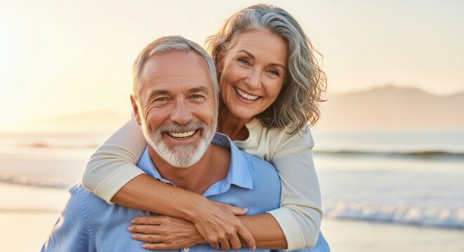 Joyful senior couple enjoying summer vacation on beach smiling and embracing happiness