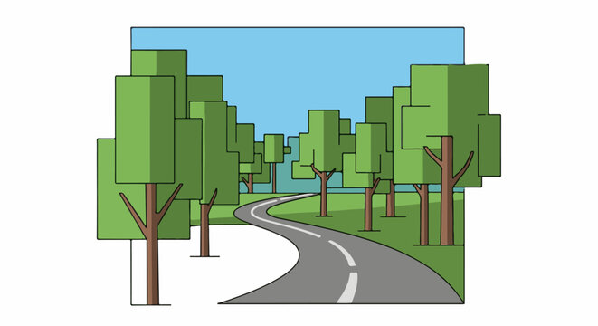 Winding road curves through a stylized forest under a clear blue sky