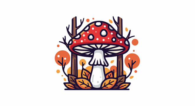 Whimsical red toadstool with white spots, autumn foliage, and abstract trees