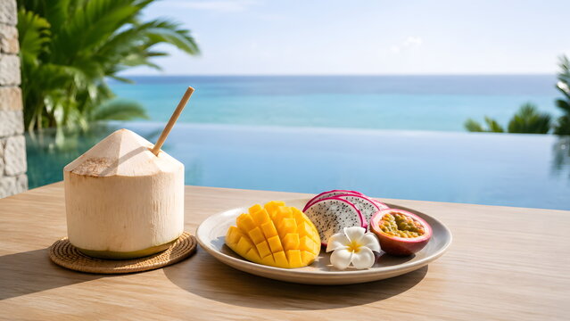 Generative AI image of tropical fruit breakfast platter and young coconut by an infinity pool and ocean.
