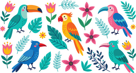 Cute Hand Drawn Tropical Birds Set with Colorful Parrot, Toucan, Exotic Flowers, and Jungle Palm Leaves Isolated Vector Graphic Illustration © Remi