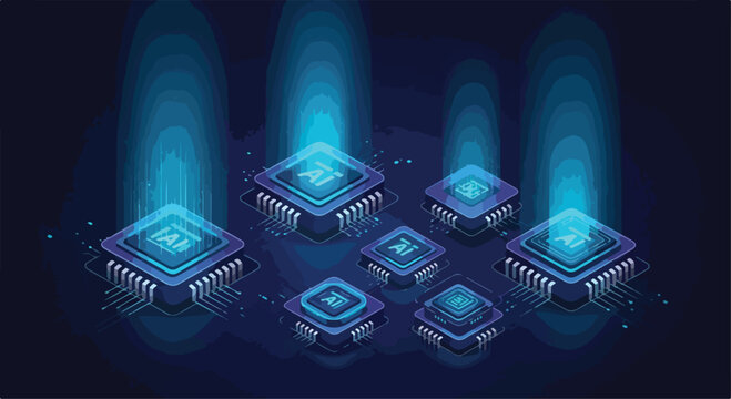 Artificial intelligence microchip set, isometric AI processor units with glowing blue light beams, futuristic computer hardware vector illustration