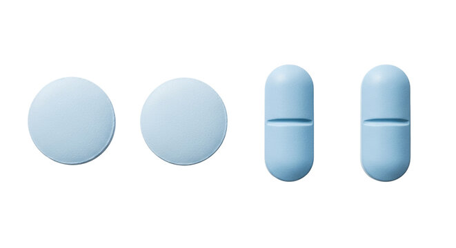 Four pale powder blue medical tablets and caplets arranged in a precise horizontal line on a sterile white studio surface concept of pharmaceutical purity