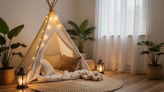 A cozy indoor teepee tent decorated with fairy lights and soft pillows on a woven rug.