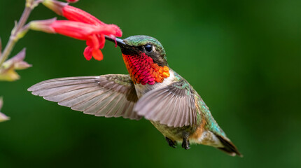 Obraz premium Hummingbird feeding on a red flower in midair with green background