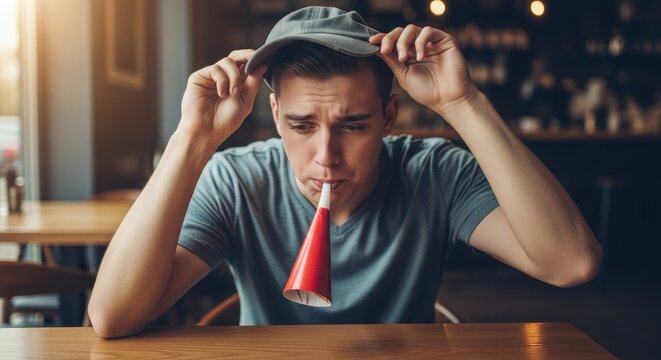 Young Man Celebrating with Horn in Cafe Setting.