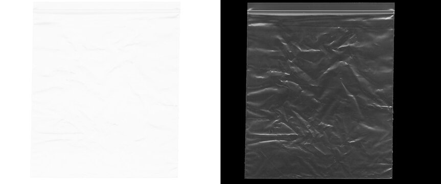 Transparent plastic zipper bag texture, wrinkled polyethylene pouch on black background, clear poly bag mockup for product packaging and design overlays