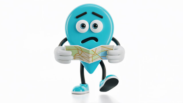Worried blue map pin mascot holding folded map for travel navigation and lost location concept