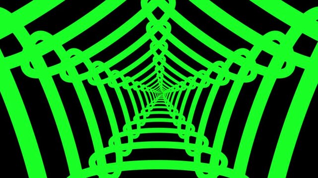 Neon green abstract geometric tunnel of repeating square frames and loops on black background, creating depth and motion; futuristic digital pattern for technology, sci-fi, or background use.