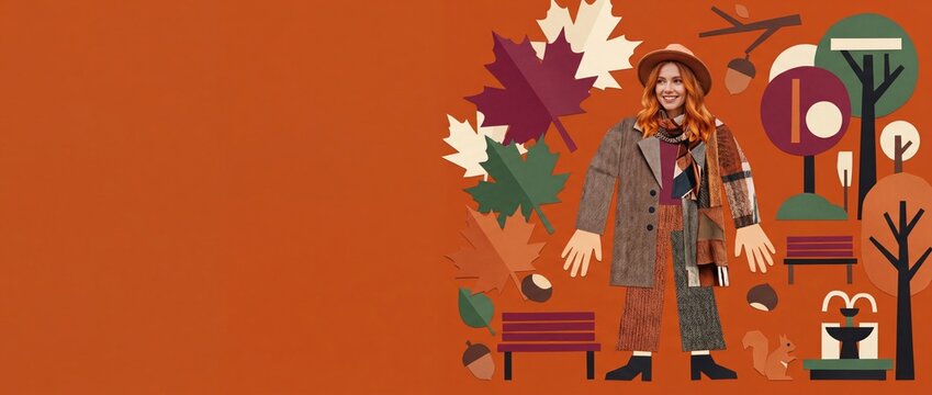 Creative paper art collage banner of a smiling woman in autumn coat and hat surrounded by fall leaves, park benches, and trees with copy space