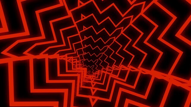 Abstract red neon zigzag tunnel pattern on black background, glowing geometric lines creating depth and motion, futuristic digital backdrop for tech, music, gaming, or sci-fi themes.