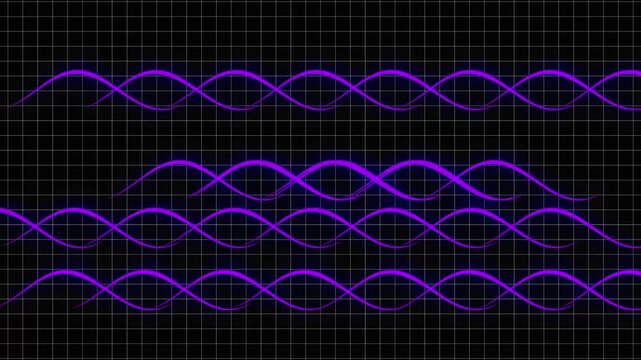 Abstract neon purple sine waves on dark grid background, glowing lines forming oscillating curves like sound or signal visualization, futuristic tech style.