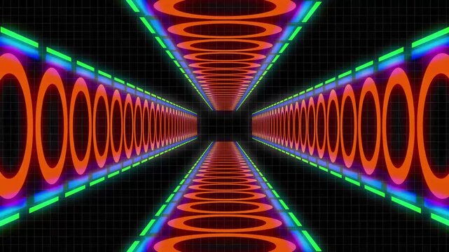 Abstract neon sci-fi tunnel with repeating orange rings, green-blue light strips, and black grid background converging to a central vanishing point.
