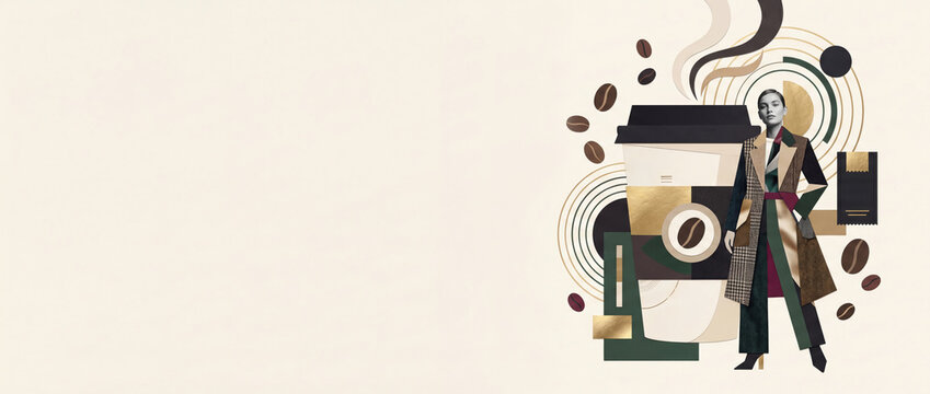 Minimalist abstract paper collage of a elegant fashion woman standing next to a large coffee cup and floating coffee beans on an off-white background