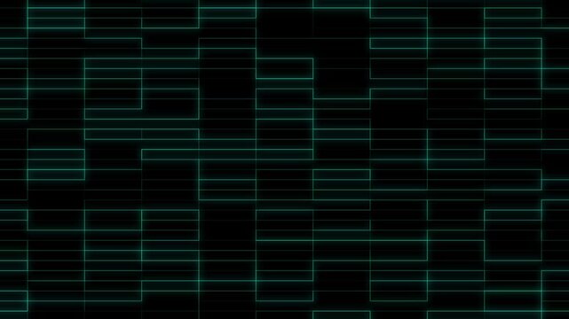 Abstract dark technology background with glowing teal rectangular grid lines and geometric blocks, futuristic digital circuit pattern, minimalist wallpaper
