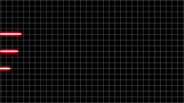 Black grid background with three red neon horizontal light streaks on left side, futuristic tech abstract wallpaper with copy space.