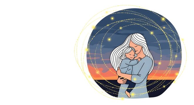 Loving mother embraces her child under a magical starry night sky, symbolizing protection, an unbreakable bond, and tender family moments, with glowing stars.