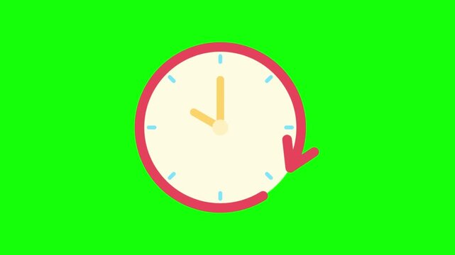 Animated clock icons with circular rewind arrows isolated on a green screen background for video.