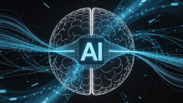 Glowing AI brain chip with blue data streams for artificial intelligence technology