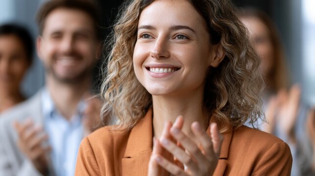 Audience claps after a presentation at a conference in a modern setting, warm lighting, and engaged participants in the background
