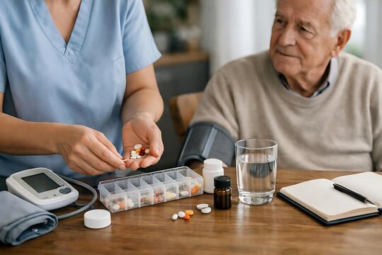 Senior medication consultation with healthcare professional at home