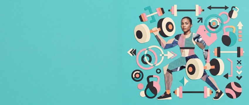 Graphic paper collage banner of a determined fitness woman lifting heavy dumbbells on a turquoise background