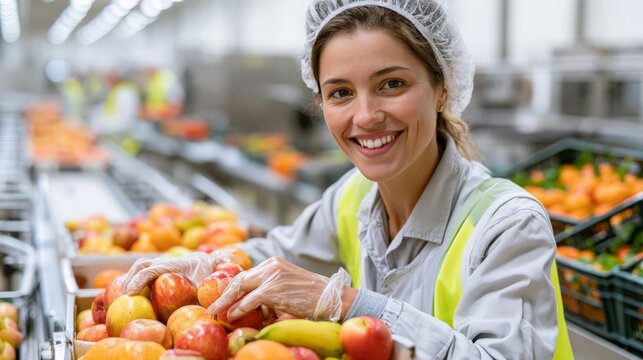 Worker sorts apples in a packing facility during daytime